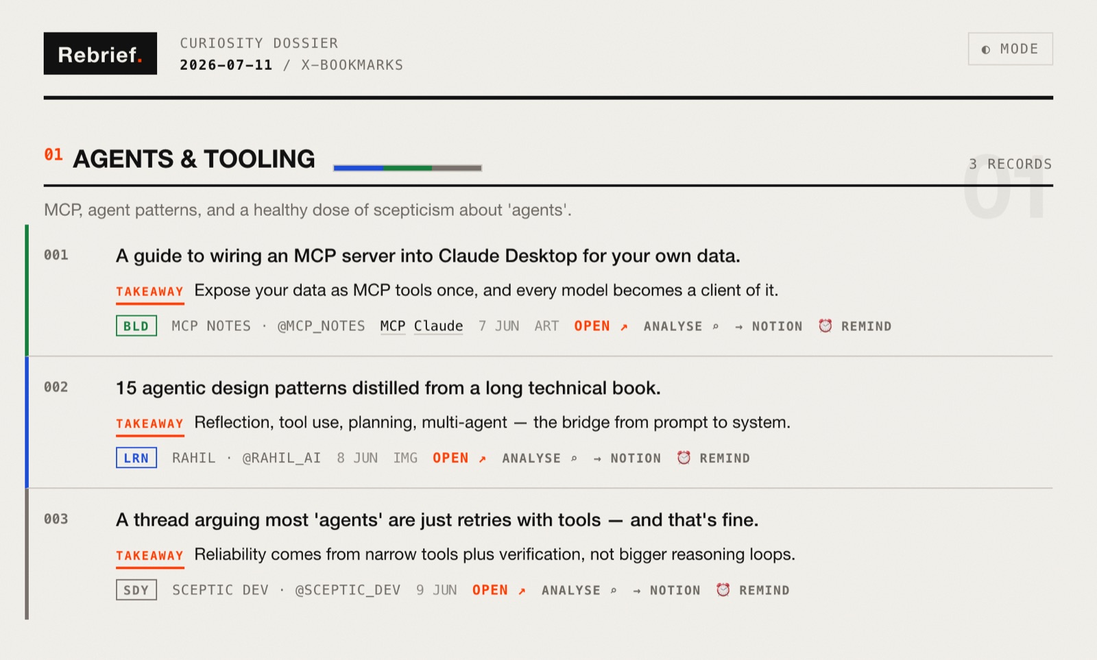 Three saved X posts in a Rebrief briefing, each with a one-line takeaway